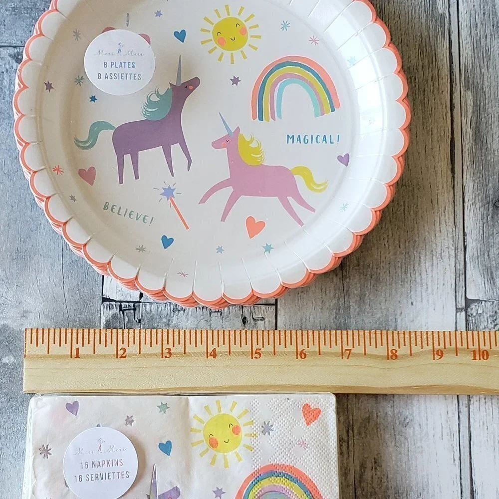 NWT - Meri Meri Large Unicorn Rainbow Paper Plates (8) and Paper Napkins (16)